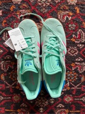 adidas Women's Mint Green Suede Sneakers with Pink Stripes